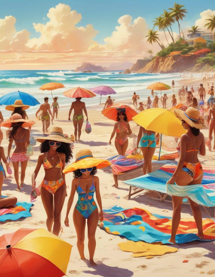 A lively beach scene featuring diverse individuals in trendy and playful beachwear, showcasing bold patterns and vibrant colors. Include playful accessories like oversized hats, sunglasses, and colorful beach towels, surrounded by sun, sand, and splashing waves. The background should show a sunny sky with fluffy clouds, enhancing the joyful atmosphere of summer. cartoon-style. vivid colors. sunny beach scenery.
